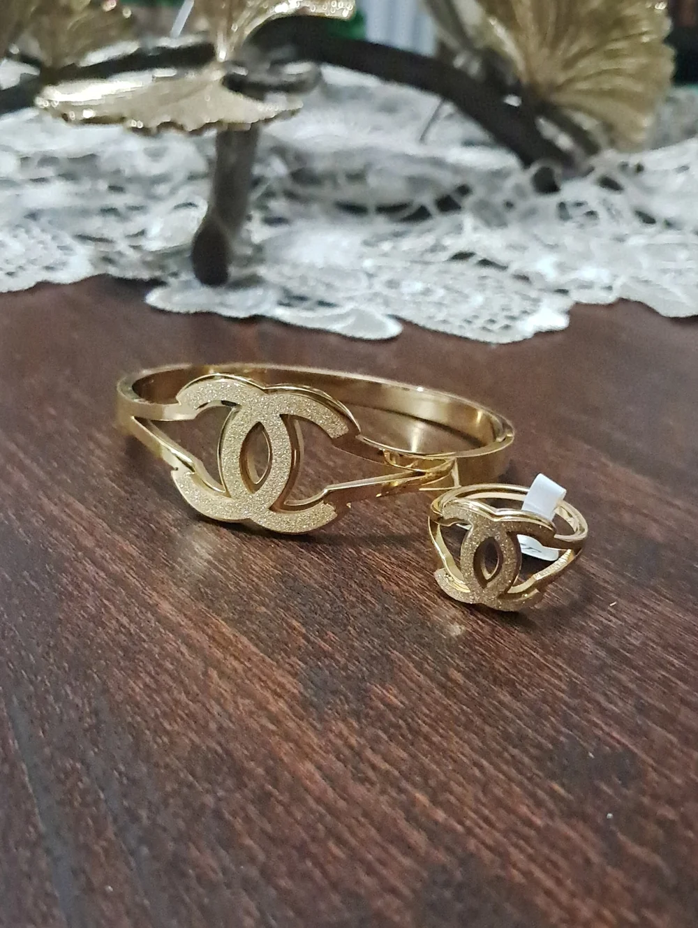 Fashion Jewelry Gold Interlocking Logo Bangle and Ring Set Ring Size 7
